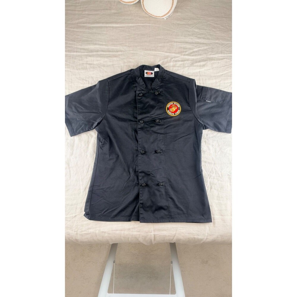 NewChef Chef Coat Mens Small Black Short Sleeve USMC Marine Corps Patch Knot But